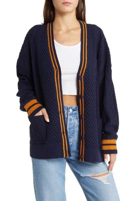 Vigoss Mixed Cable Varsity Cardigan in Navy