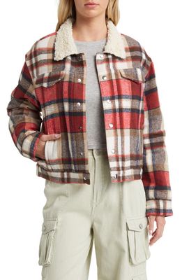 Vigoss Plaid Trucker Jacket with Faux Shearling Trim in Red