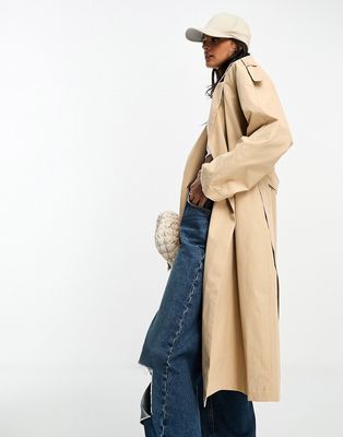 Vila belted longline trench coat in beige-Neutral