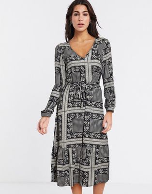 Vila boho midi dress in scarf print-Multi
