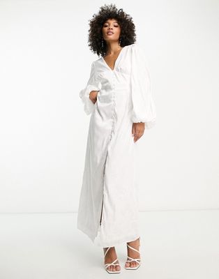 Vila Bridal jacquard button up maxi dress with balloon sleeves in white