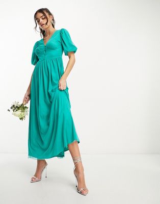 Vila Bridesmaid A line tulle midaxi dress with button front in emerald green