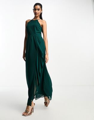 Vila Bridesmaid halterneck maxi dress with cut out back in dark green