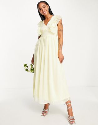 Vila Bridesmaid midi dress with frill detail in textured yellow - YELLOW