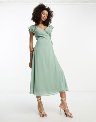 Vila Bridesmaid wrap full skirt maxi dress with flutter sleeves in green
