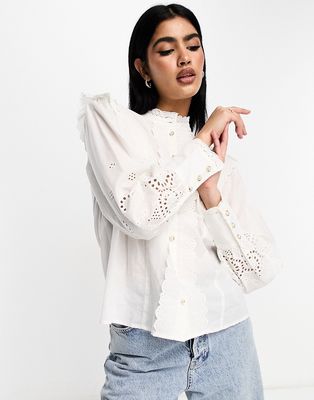 Vila broderie high neck blouse with ruffle detail in cream-White