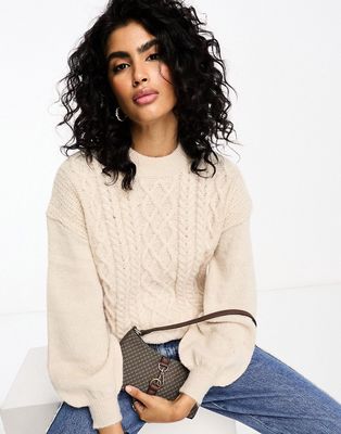 Vila cable knit sweater with puff sleeves in cream-White