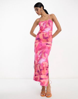 Vila cami midaxi dress in pink abstract print-Multi