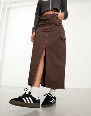 Vila contrast stitch cargo maxi skirt in brown