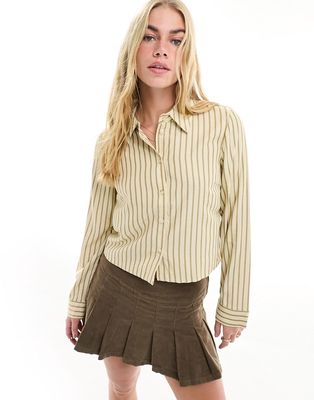 Vila cropped shirt in brown stripe-Multi