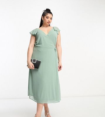 Vila Curve Bridesmaid wrap full skirt maxi dress with flutter sleeves in green