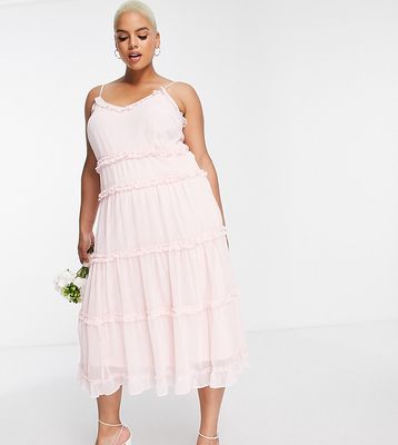 Vila Curve Exclusive Bridesmaid midi cami dress with frill detail in textured pink