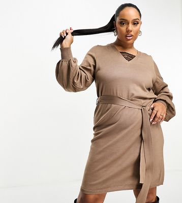 Vila Curve knitted sweater dress with lace detail v neck in brown