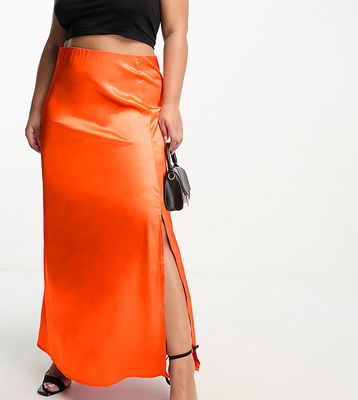 Vila Curve satin midi skirt in orange