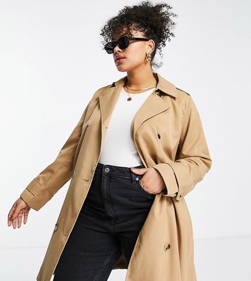 Vila Curve trench coat with tie waist in camel-Neutral