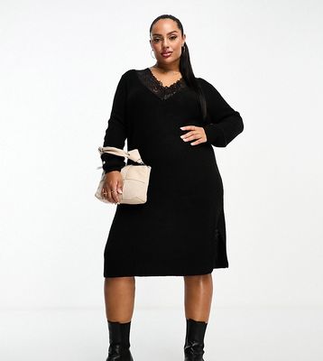Vila Curve v neck knitted sweater midi dress with lace detail in black