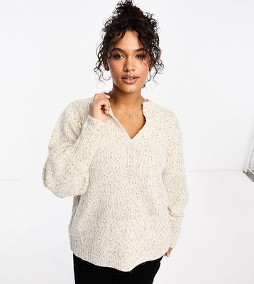 Vila Curve v neck sweater with puff sleeves in mottled beige-Neutral
