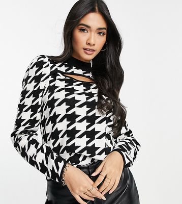 Vila Exclusive knitted top with high neck and cut out in oversized houndstooth-Multi