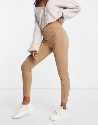 Vila faux suede pants with pintuck front in camel-Brown