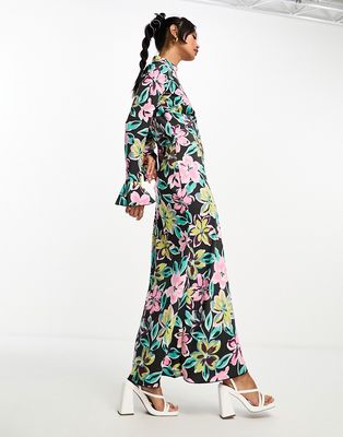 Vila floral high neck maxi dress with cuff detail-Multi
