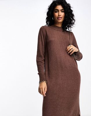 Vila high neck knit midi sweater dress in brown