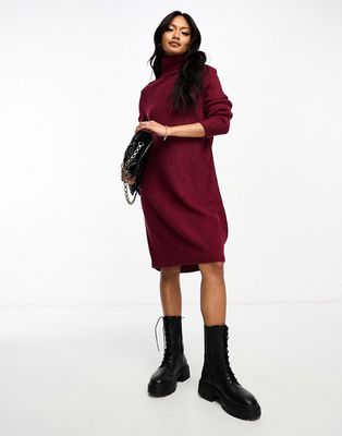 Vila high neck knit mini dress in burgundy-Red