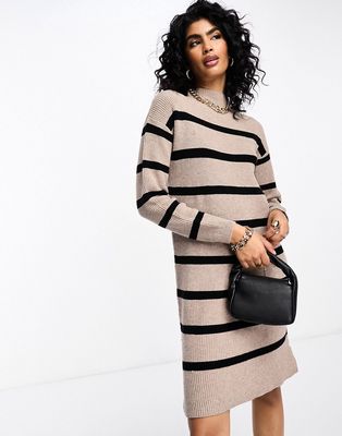 Vila high neck knit mini sweater dress in mushroom stripe-Neutral