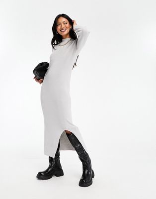 Vila high neck knitted midi dress with side split in light gray