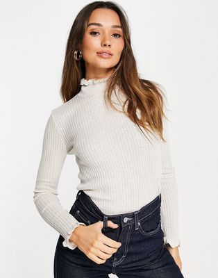 Vila knit sweater with high neck and frill detail in cream - CREAM-White