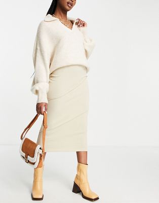 Vila knitted midi skirt with seam detail in stone-Neutral