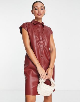 Vila leather look sleeveless mini dress in burgundy-Red