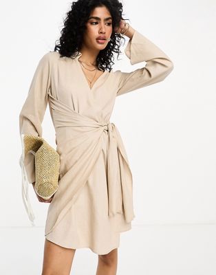 Vila linen touch wrap front mini dress in beige-Neutral