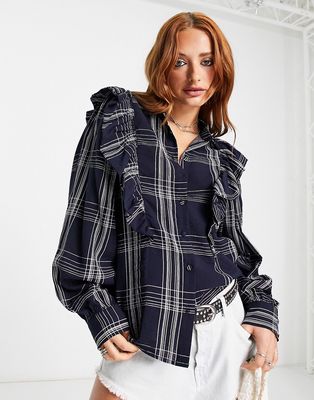 Vila long sleeve button down shirt with shoulder ruffles in navy plaid