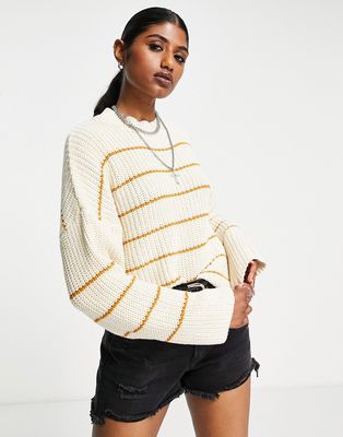 Vila long sleeve ribbed knit sweater in birch with gold stripes-Neutral