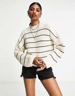 Vila long sleeve ribbed knit sweater in birch with navy stripes-Neutral