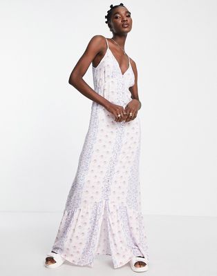 Vila maxi cami dress with button through front in floral and heart print-Multi