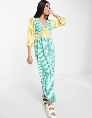 Vila midi dress in contrast green and yellow gingham