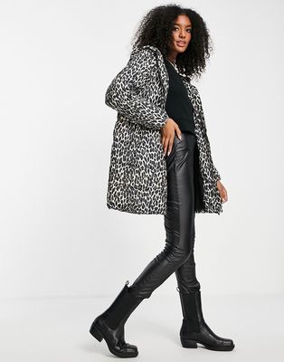 Vila padded coat with hood in leopard print-Multi