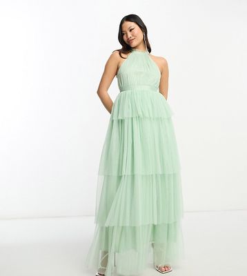 Vila Petite Bridesmaid halterneck tulle midi dress with tiered skirt in mint green