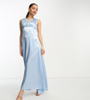 Vila Petite Bridesmaid satin v neck maxi dress with train in pastel blue