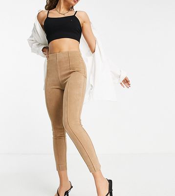 Vila Petite faux suede pants with pintuck front in camel-Brown