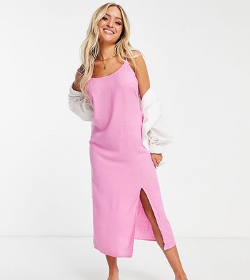 Vila Petite linen touch cami midi dress with slit in pink