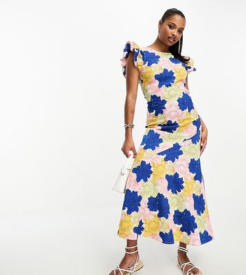 Vila Petite ruffle shoulder maxi dress in bright floral-Multi