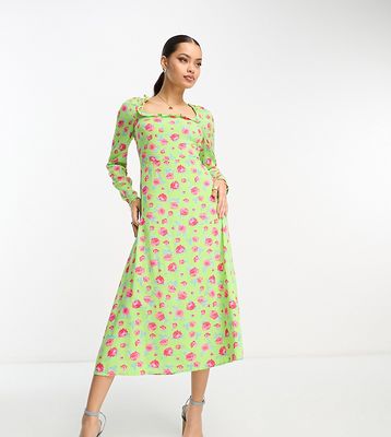 Vila Petite square neck midi dress with lace up back in green floral print-Multi