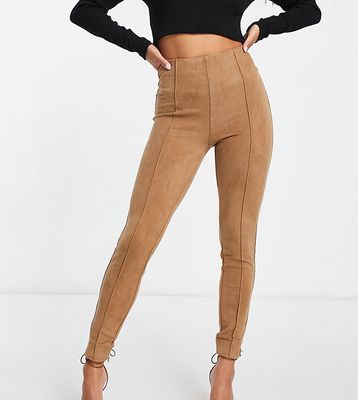Vila Petite suede pants with pintuck front in camel-Neutral