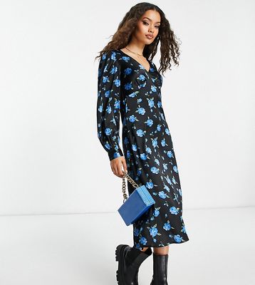 Vila Petite v-neck midi dress in bright blue floral print-Multi