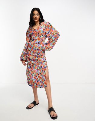 Vila ruched front midi dress in red floral print-Multi