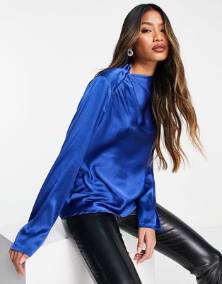 Vila satin blouse with ruched shoulder detail in bright blue