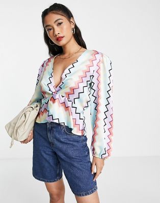 Vila satin blouse with twist front in pastel zig zag print - part of a set-Multi