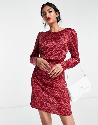 Vila satin mini dress with ruched side in red animal print-Pink